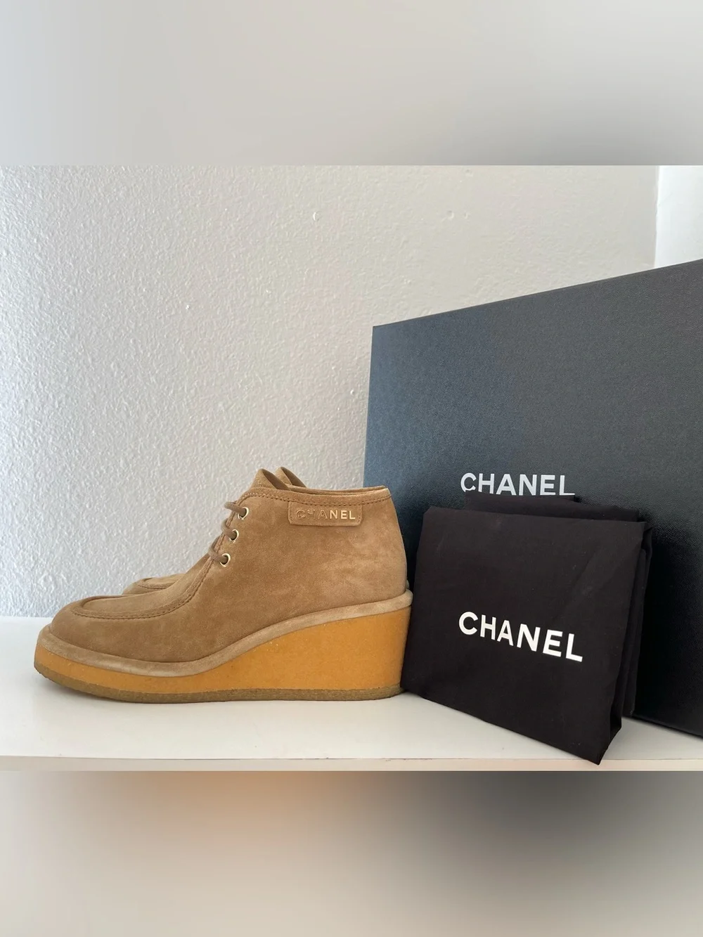 CHANEL Tan Suede Wedge Ankle Booties with Gold Logo